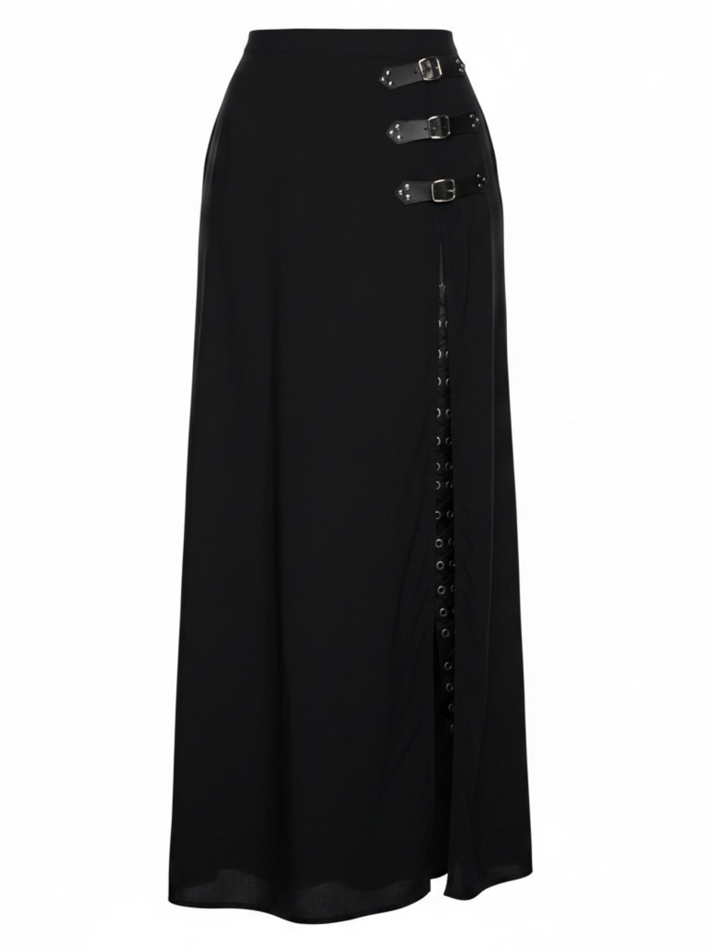 Widow Black Maxi Skirt with Buckle and Lace-Up Detail